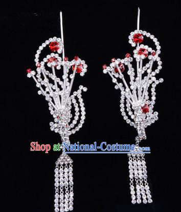 Chinese Ancient Peking Opera Hair Accessories Young Lady Diva Tassel Phoenix Headwear, Traditional Chinese Beijing Opera Head Ornaments Hua Tan Red Crystal Hairpins