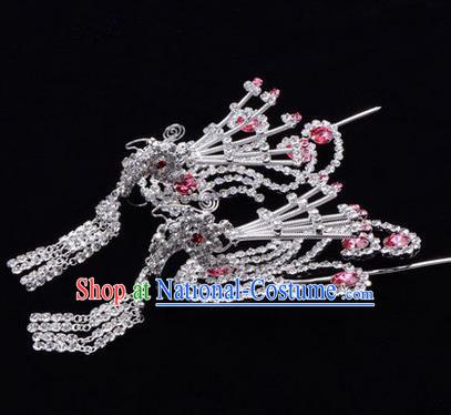 Chinese Ancient Peking Opera Hair Accessories Young Lady Diva Tassel Phoenix Headwear, Traditional Chinese Beijing Opera Head Ornaments Hua Tan Pink Crystal Hairpins