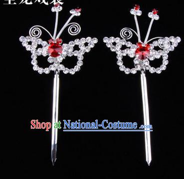 Chinese Ancient Peking Opera Hair Accessories Young Lady Diva Butterfly Headwear, Traditional Chinese Beijing Opera Head Ornaments Hua Tan Red Crystal Hairpins