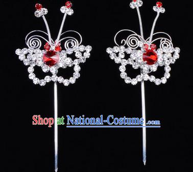 Chinese Ancient Peking Opera Hair Accessories Young Lady Diva Butterfly Red Headwear, Traditional Chinese Beijing Opera Head Ornaments Hua Tan Crystal Hairpins