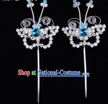 Chinese Ancient Peking Opera Hair Accessories Young Lady Diva Butterfly Blue Headwear, Traditional Chinese Beijing Opera Head Ornaments Hua Tan Crystal Hairpins