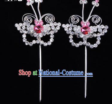 Chinese Ancient Peking Opera Hair Accessories Young Lady Diva Butterfly Pink Headwear, Traditional Chinese Beijing Opera Head Ornaments Hua Tan Crystal Hairpins