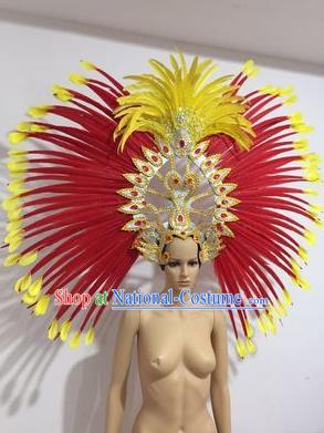 Top Grade Professional Stage Show Halloween Parade Big Hair Accessories, Brazilian Rio Carnival Parade Samba Dance Catwalks Feather Headpiece for Women