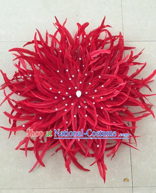 Top Grade Professional Stage Show Halloween Parade Red Feather Hair Accessories, Brazilian Rio Carnival Parade Samba Dance Catwalks Headpiece for Women