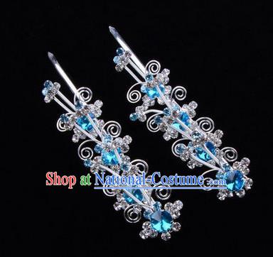 Chinese Ancient Peking Opera Hair Accessories Young Lady Diva Butterfly Head Ornaments, Traditional Chinese Beijing Opera Hua Tan Blue Crystal Hairpins