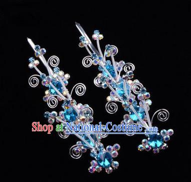 Chinese Ancient Peking Opera Hair Accessories Young Lady Diva Butterfly Head Ornaments, Traditional Chinese Beijing Opera Hua Tan Colorful Crystal Blue Hairpins