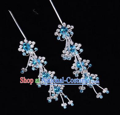 Chinese Ancient Peking Opera Hair Accessories Young Lady Diva Head Ornaments, Traditional Chinese Beijing Opera Hua Tan Blue Crystal Hairpins