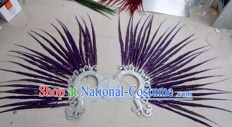 Top Grade Professional Stage Show Halloween Props Decorations, Brazilian Rio Carnival Parade Samba Dance Purple Feather Catwalks Backplane for Women