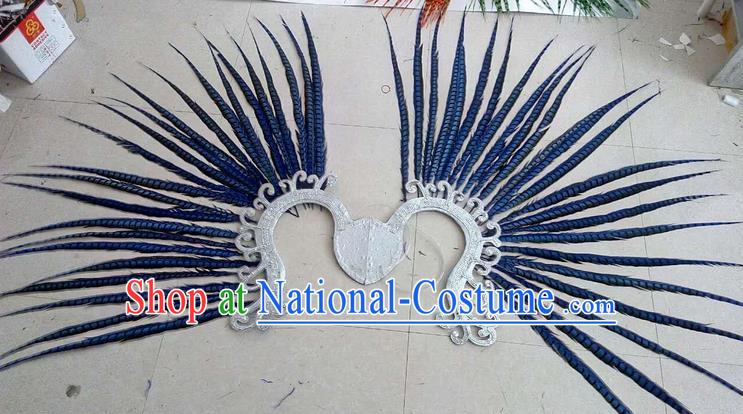 Top Grade Professional Stage Show Halloween Props Decorations, Brazilian Rio Carnival Parade Samba Dance Blue Feather Catwalks Backplane for Women