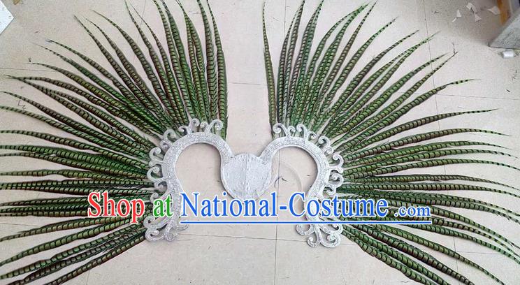 Top Grade Professional Stage Show Halloween Props Decorations, Brazilian Rio Carnival Parade Samba Dance Green Feather Catwalks Backplane for Women