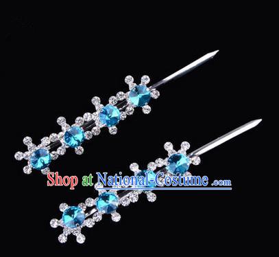 Chinese Ancient Peking Opera Hair Accessories Young Lady Diva Head Ornaments, Traditional Chinese Beijing Opera Hua Tan Blue Crystal Four Beads Hairpins