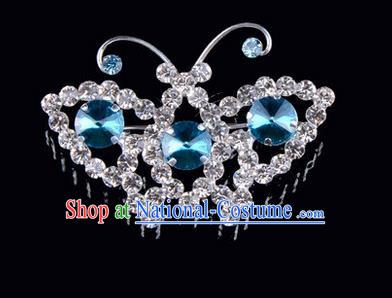 Chinese Ancient Peking Opera Jewelry Accessories Young Lady Diva Butterfly Brooch, Traditional Chinese Beijing Opera Hua Tan Blue Crystal Breastpin