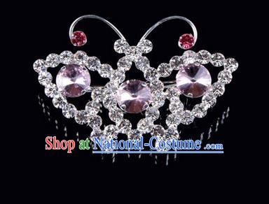 Chinese Ancient Peking Opera Jewelry Accessories Young Lady Diva Butterfly Brooch, Traditional Chinese Beijing Opera Hua Tan Pink Crystal Breastpin