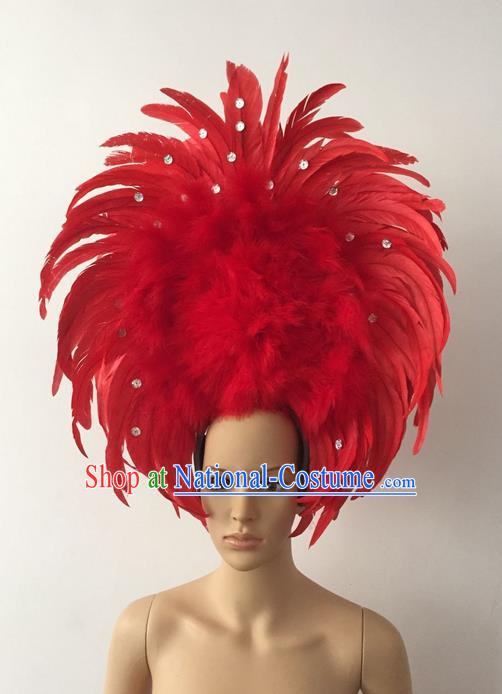 Top Grade Professional Stage Show Halloween Parade Red Feather Deluxe Hair Accessories, Brazilian Rio Carnival Parade Samba Dance Catwalks Headwear for Women