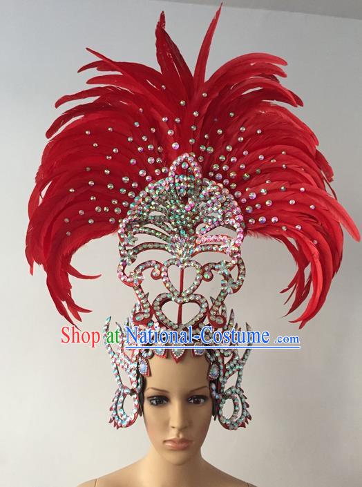 Top Grade Professional Stage Show Halloween Parade Red Feather Extravagant Hair Accessories, Brazilian Rio Carnival Parade Samba Dance Catwalks Headwear for Women