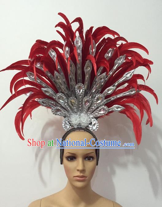 Top Grade Professional Stage Show Halloween Parade Red Feather Extravagant Brazilian Rio Carnival Parade Samba Dance Headpiece for Women