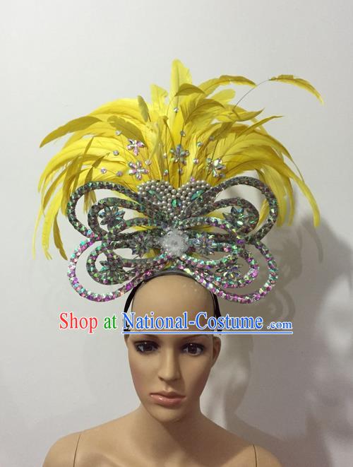 Top Grade Professional Stage Show Halloween Parade Yellow Feather Brazilian Rio Carnival Parade Samba Dance Hair Accessories Headpiece for Women