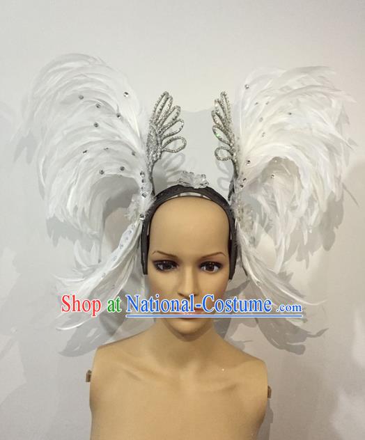 Top Grade Professional Stage Show Halloween Parade White Feather Brazilian Rio Carnival Parade Samba Dance Exaggerated Hair Accessories Headpiece for Women