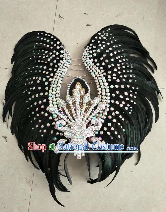 Top Grade Professional Stage Show Halloween Parade Exaggerated Black Feather Hair Accessories, Brazilian Rio Carnival Samba Dance Headwear for Women