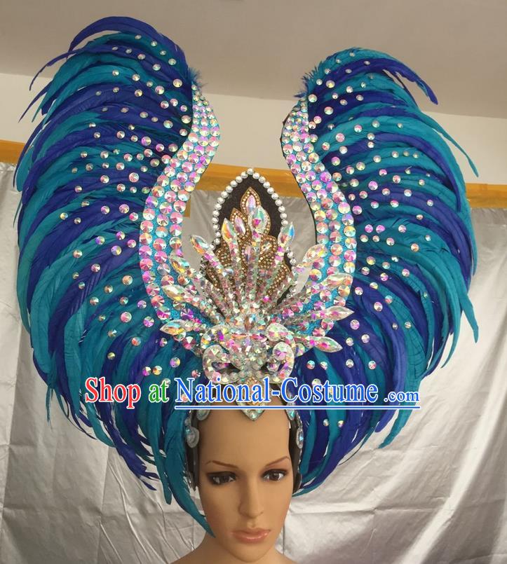 Top Grade Professional Stage Show Halloween Parade Exaggerated Blue Feather Hair Accessories, Brazilian Rio Carnival Samba Dance Headwear for Women