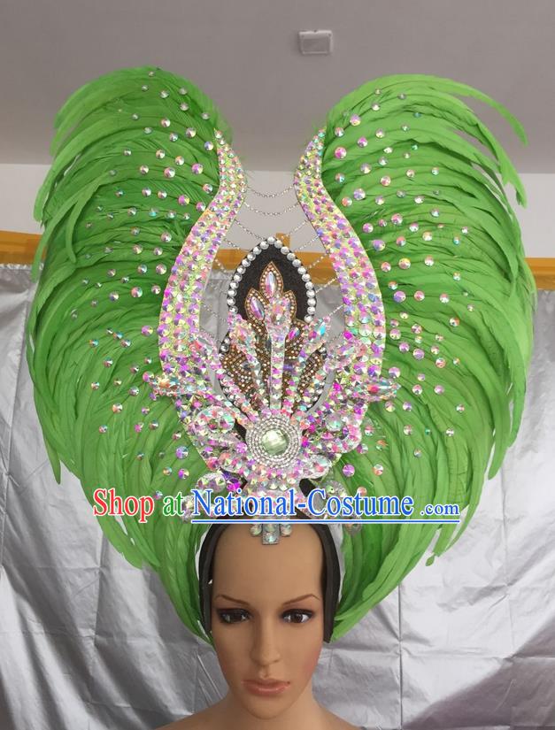 Top Grade Professional Stage Show Halloween Parade Exaggerated Green Feather Hair Accessories, Brazilian Rio Carnival Samba Dance Headwear for Women