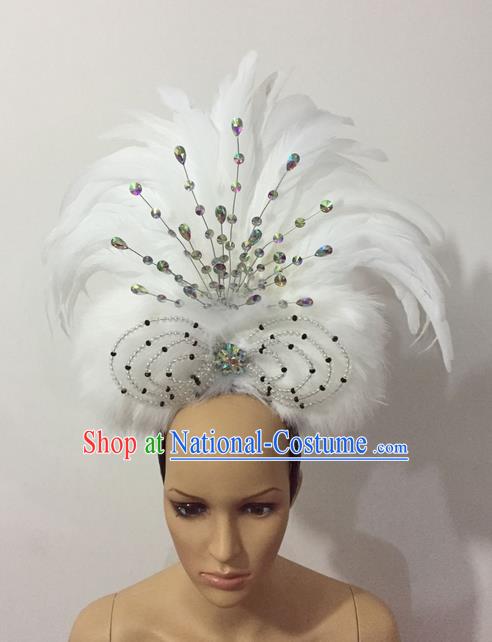 Top Grade Professional Stage Show Halloween Parade White Feather Hair Accessories, Brazilian Rio Carnival Samba Dance Crystal Headwear for Women