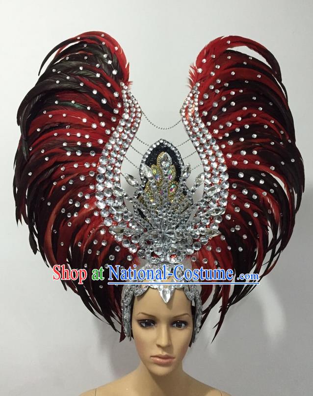 Top Grade Professional Stage Show Halloween Parade Black Red Feather Deluxe Hair Accessories, Brazilian Rio Carnival Samba Dance Modern Fancywork Headwear for Women