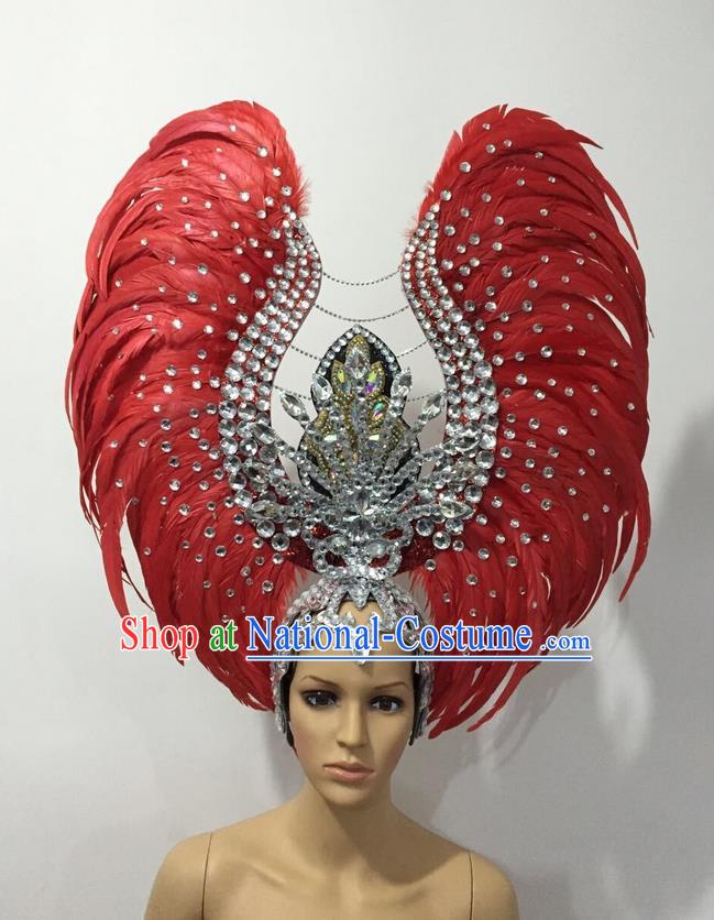 Top Grade Professional Stage Show Halloween Parade Red Feather Deluxe Hair Accessories, Brazilian Rio Carnival Samba Dance Modern Fancywork Headwear for Women