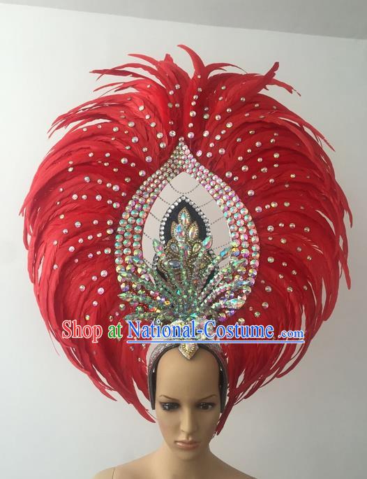 Top Grade Professional Stage Show Halloween Parade Red Feather Deluxe Hair Accessories, Brazilian Rio Carnival Samba Dance Modern Fancywork Crystal Headwear for Women