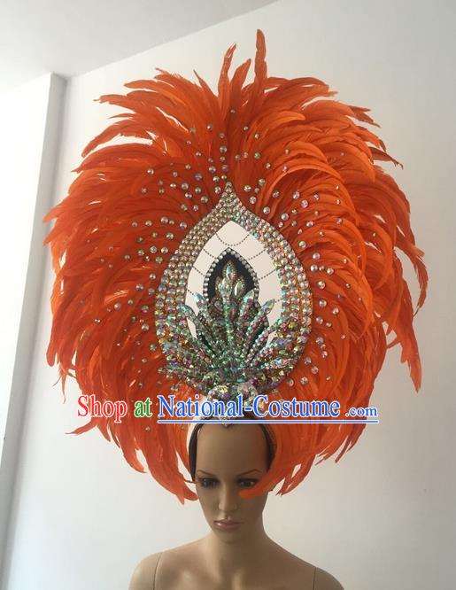 Top Grade Professional Stage Show Halloween Parade Orange Feather Deluxe Hair Accessories, Brazilian Rio Carnival Samba Dance Modern Fancywork Crystal Headwear for Women