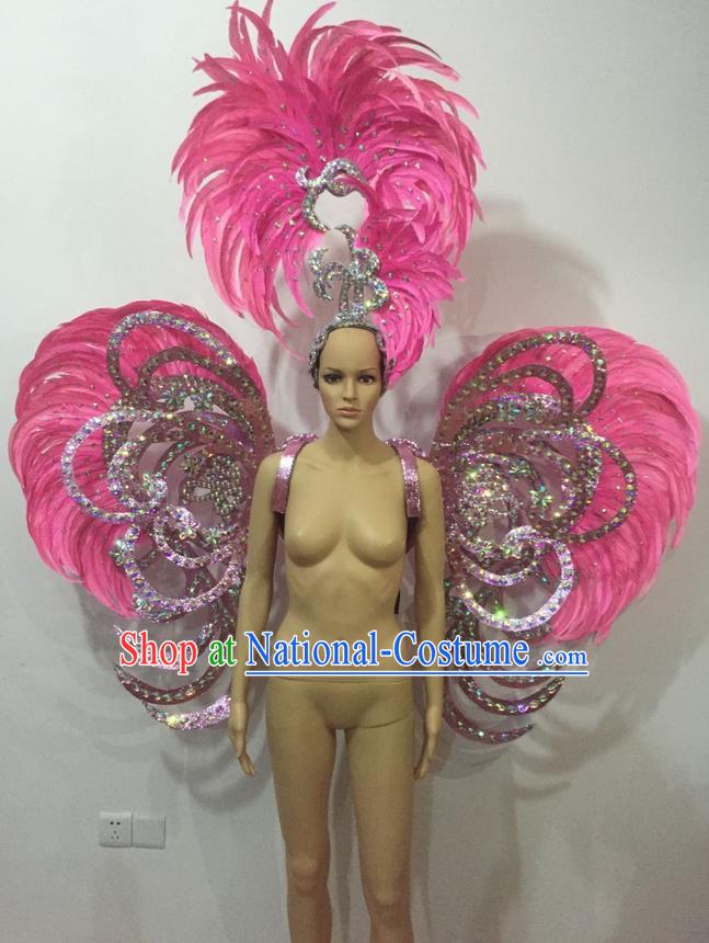 Top Grade Professional Stage Show Halloween Parade Pink Feather Deluxe Butterfly Wings and Hair Accessories, Brazilian Rio Carnival Samba Dance Modern Fancywork Backplane for Women