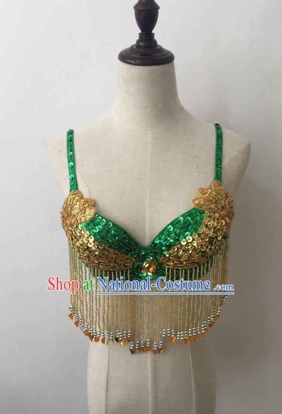 Top Grade Professional Performance Catwalks Bikini Clothing, Traditional Brazilian Rio Carnival Samba Modern Fancywork Belly Dance Green Brassiere for Women