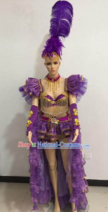 Top Grade Professional Performance Catwalks Purple Bikini Costume and Feather Headwear, Traditional Brazilian Rio Carnival Samba Dance Modern Fancywork Clothing for Women