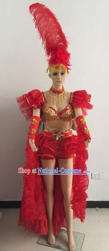 Top Grade Professional Performance Catwalks Red Bikini Costume and Feather Headwear, Traditional Brazilian Rio Carnival Samba Dance Modern Fancywork Clothing for Women