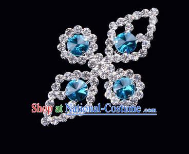 Chinese Ancient Peking Opera Jewelry Accessories Young Lady Diva Bowknot Brooch, Traditional Chinese Beijing Opera Hua Tan Blue Crystal Breastpin