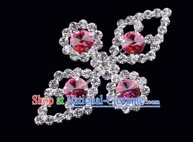 Chinese Ancient Peking Opera Jewelry Accessories Young Lady Diva Bowknot Brooch, Traditional Chinese Beijing Opera Hua Tan Pink Crystal Breastpin