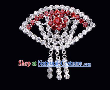 Chinese Ancient Peking Opera Jewelry Accessories Young Lady Diva Sector Brooch, Traditional Chinese Beijing Opera Hua Tan Red Crystal Breastpin