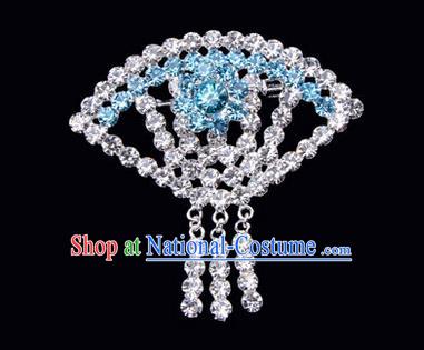 Chinese Ancient Peking Opera Jewelry Accessories Young Lady Diva Sector Brooch, Traditional Chinese Beijing Opera Hua Tan Blue Crystal Breastpin