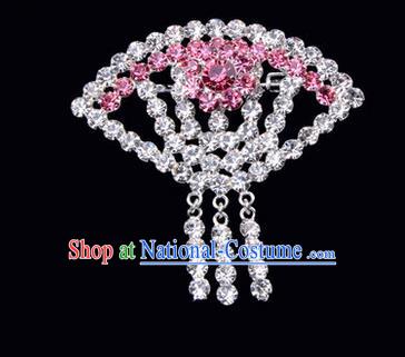 Chinese Ancient Peking Opera Jewelry Accessories Young Lady Diva Sector Brooch, Traditional Chinese Beijing Opera Hua Tan Pink Crystal Breastpin