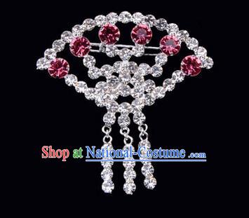 Chinese Ancient Peking Opera Jewelry Accessories Young Lady Diva Sector Brooch Collar Button, Traditional Chinese Beijing Opera Hua Tan Pink Crystal Breastpin