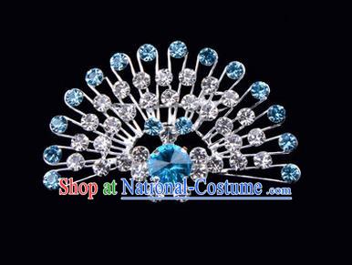 Chinese Ancient Peking Opera Jewelry Accessories Young Lady Diva Peacock Brooch Collar Button, Traditional Chinese Beijing Opera Hua Tan Blue Crystal Breastpin