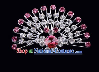 Chinese Ancient Peking Opera Jewelry Accessories Young Lady Diva Peacock Brooch Collar Button, Traditional Chinese Beijing Opera Hua Tan Pink Crystal Breastpin