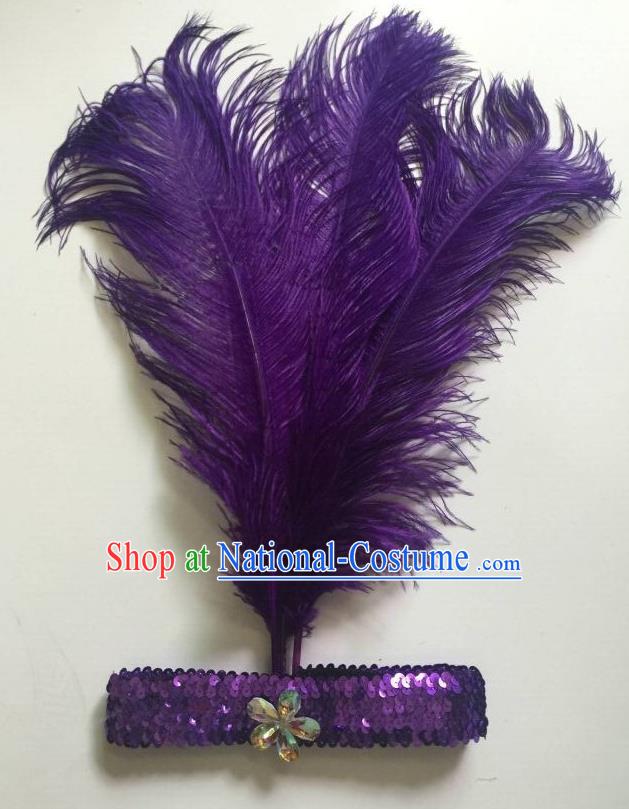 Top Grade Professional Stage Show Halloween Parade Purple Ostrich Feather Hair Accessories, Brazilian Rio Carnival Samba Dance Modern Fancywork Headwear for Women