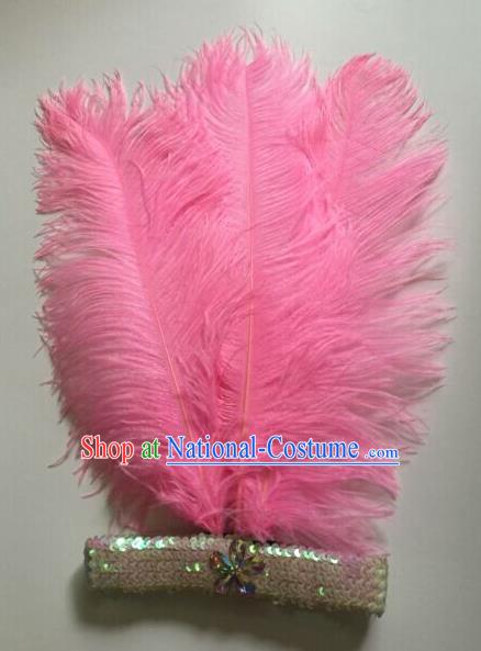 Top Grade Professional Stage Show Halloween Parade Pink Ostrich Feather Hair Accessories, Brazilian Rio Carnival Samba Dance Modern Fancywork Headwear for Women