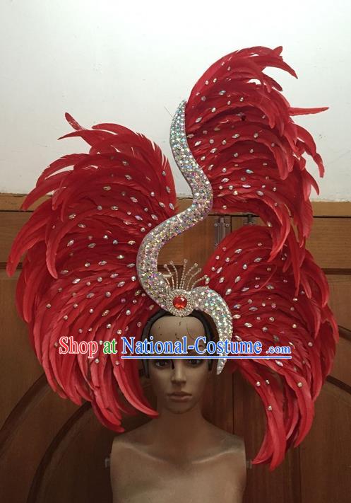 Top Grade Professional Stage Show Halloween Parade Red Ostrich Feather Big Hair Accessories, Brazilian Rio Carnival Samba Dance Modern Fancywork Headwear for Women