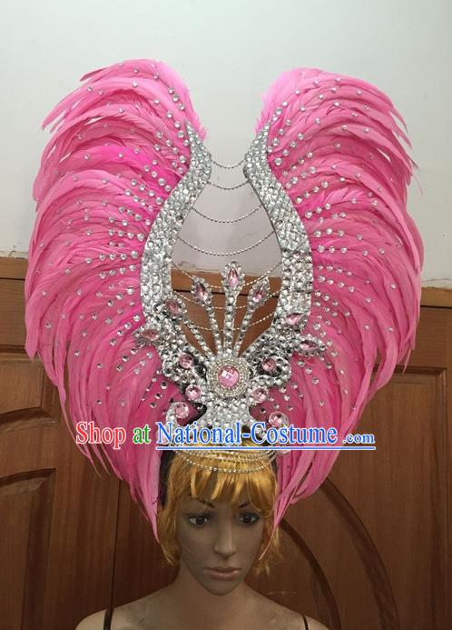 Top Grade Professional Stage Show Halloween Parade Big Hair Accessories, Brazilian Rio Carnival Samba Dance Modern Fancywork Golden Pink Feather Headdress Decorations for Women