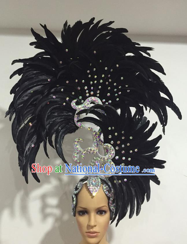 Top Grade Professional Stage Show Halloween Parade Big Hair Accessories, Brazilian Rio Carnival Samba Dance Modern Fancywork Black Feather Giant Headpiece for Kids