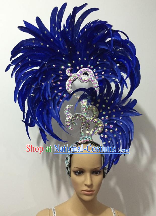 Top Grade Professional Stage Show Halloween Parade Big Hair Accessories, Brazilian Rio Carnival Samba Dance Modern Fancywork Blue Feather Giant Headpiece for Kids