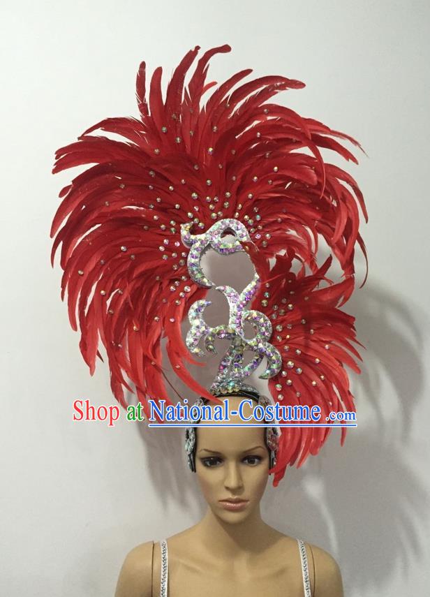 Top Grade Professional Stage Show Halloween Parade Big Hair Accessories, Brazilian Rio Carnival Samba Dance Modern Fancywork Red Feather Giant Headpiece for Kids