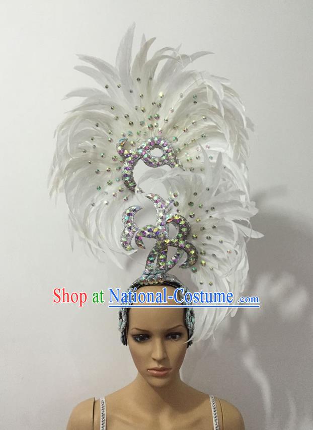 Top Grade Professional Stage Show Halloween Parade Big Hair Accessories, Brazilian Rio Carnival Samba Dance Modern Fancywork White Feather Giant Headpiece for Kids